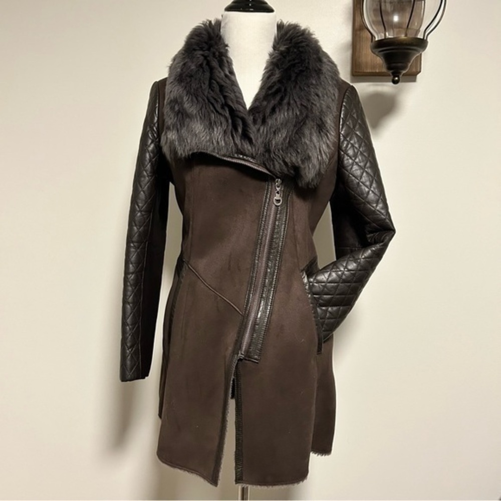 S T Lee Mi Sook Leather and Fur Trim Coat